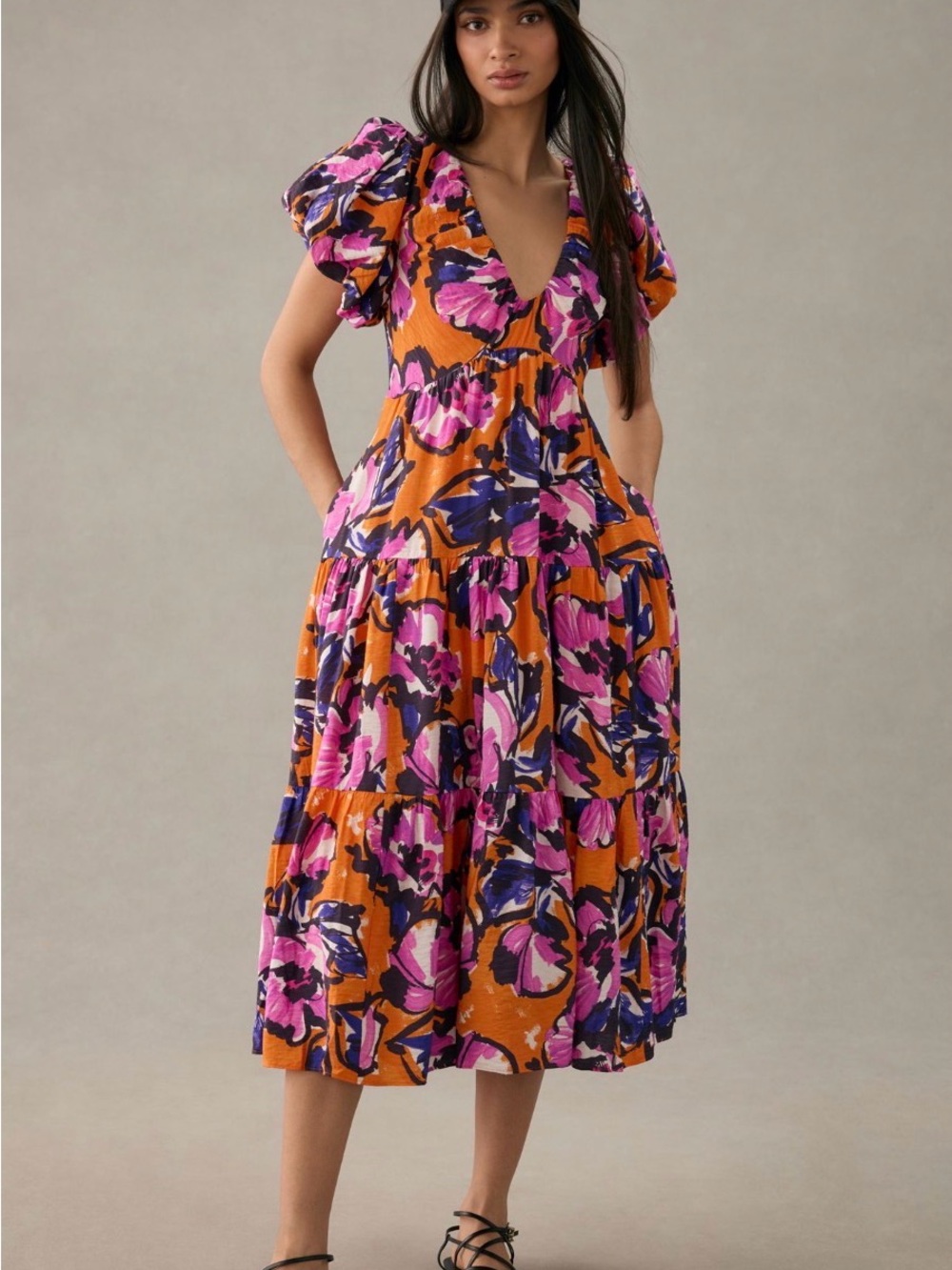 Anthropologie Orange Floral Midi Dress with Pink & Purple Prints